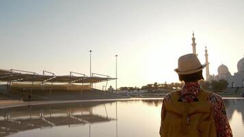 female tourist enjoys serene moment while admiring stunning view of the Sheikh Zayed Mosque in Abu Dhabi. grand architecture and peaceful surroundings, view from park Wahat Al Karama video