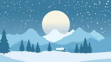 Home House in the Middle of Woods with Winter Snow Mountain and Full Moon in Night Sky vector