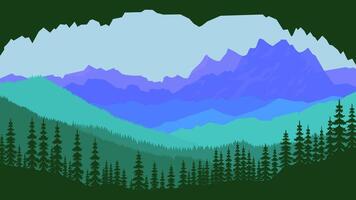 Mountain Nature Scenery with Cliff and Pine Trees in Forest in Bright Sky vector