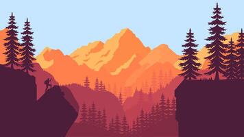 Climber People Silhouette Standing on the Top of Cliff with Mountain View in Bright Sky vector