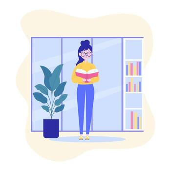 Pretty Nerd Girl Cartoon Character Wearing Glasses Standing While Reading a Book in the Library vector