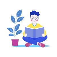 Cute Nerd Boy Cartoon Character Wearing Glasses Sitting While Reading a Book with Smile Expression vector
