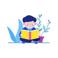 Funny Nerd Boy Wearing Glasses Sitting While Reading a Book with Smile Expression vector