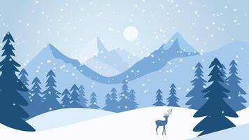 Deer Roe Silhouette in Pine Trees Forest with Ice Mountain View in Snow Winter Season vector