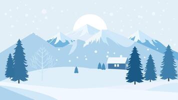 Home House in the Middle of Forest with Winter Snow Mountain in Bright Sky vector