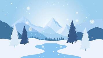 Winter Snow Mountain Nature View with River in Bright Sky vector