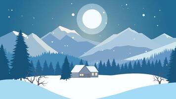 Home House in the Middle of Forest with Winter Snow Mountain and Full Moon at Night Sky vector