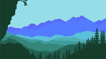Mountain Nature Scenery with Cliff and Pine Trees in Forest in Bright Day vector