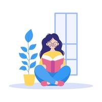 Cute BNerd Girl Cartoon Character Wearing Glasses Sitting While Reading a Book at Home vector