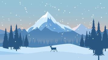 Deer Roe Animal Silhouette in Pine Trees Forest with Ice Mountain View in Snow Winter Season vector