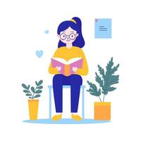 Pretty Nerd Girl Cartoon Character Wearing Glasses Sitting While Reading a Book at Home House vector