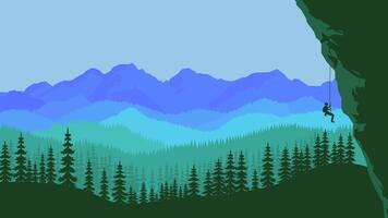 People Silhouette Climbing a Cliff with Mountain Nature View in Bright Sky vector