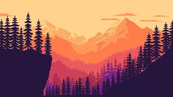 Mountain Cliff Nature View with Pine Trees Silhouette in Forest at Sunset vector