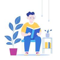 Cute Nerd Boy Wearing Glasses Sitting Reading a Book in the Library with Smile Expression vector