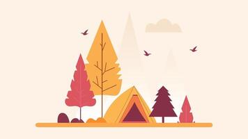 Flat Design Illustration of Camping Tent in Forest with Pine Coniferous Trees in Autumn Fall Season vector