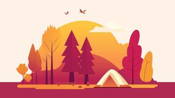 Camping Tent in Forest with Pine Trees and Big Sun in Autumn Fall Season vector