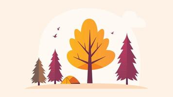Flat Design Illustration of Camping Tent in Forest with Pine Fir Trees in Autumn Fall Season vector