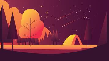 Camping Tent in Forest with Pine Trees in Autumn Fall Season at Night vector