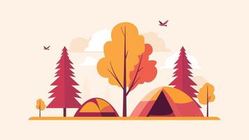Flat Design Illustration of Camping Tent in Forest with Pine Trees in Autumn Fall vector