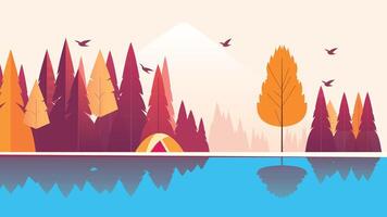 Camping Tent in Forest with Lake River View in Autumn Fall Season vector