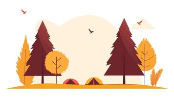Flat Design Illustration of Camping Tent in Forest with Pine Trees in Autumn Fall Season vector