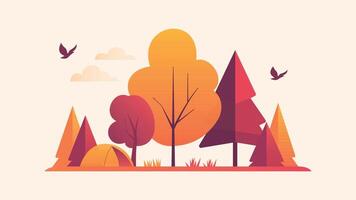 Flat Design Illustration of Camping Tent in Forest with Pine Trees in Autumn Fallen Season vector