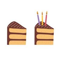 Sweet cakes slices pieces with candles isolated on white background. vector