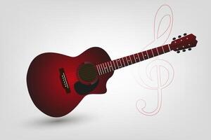 Red acoustical guitar icon on white background, with six strings on it vector