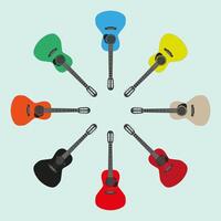 Set of colorful Classic guitars arrang in circle on isplated blue background. A groups of color guitars icon on light blue background vector