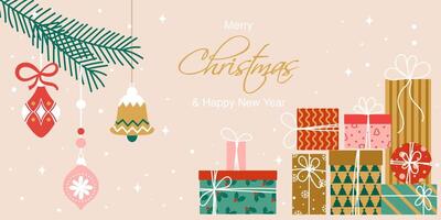 New Year greeting banner. Trendy modern design with gift boxes in gold, red, pink colors and Christmas tree ornaments on the branch. Template for greeting card, invitation, web banner vector