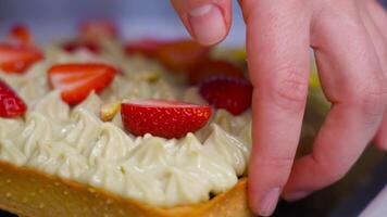 Cake with strawberries cut in two video