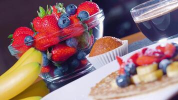 Yummy fruit breakfast on the table video