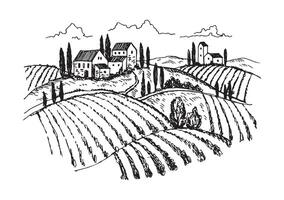 houses and fields ink drawing vector