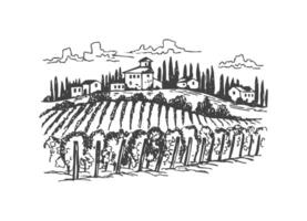 ink drawing of a village and fields vector