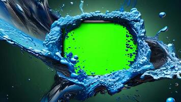 Blue fluid splash background with central green screen video