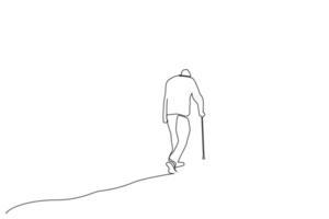 old man walking stick leaving back rear view walking away lonely man one line art design vector