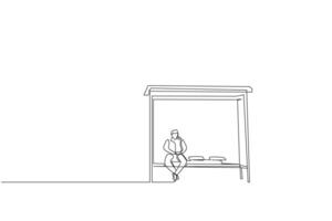 man bus stop waiting thoughtful sad loneliness lonely life one line art design vector