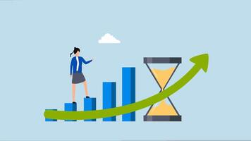 Time value of money, 4k animation of woman stroll up growth ascending graph with hourglass symbolizing time. video