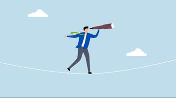 Searching for opportunity, 4k animation of entrepreneur looks through binoculars while balancing on perilous rope. video