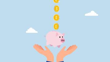 Frugality, 4k animation of coins in dollars fall into a hand grasping a piggy bank. video