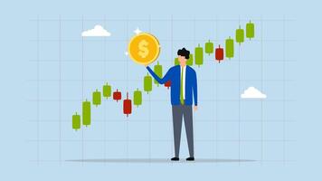 Stock market trader, 4k animation of businessman trader possesses dollar coin while examining chart and graph. video