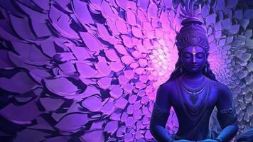 A tranquil statue of Mahashivaratri exudes calmness, set against a backdrop of intricate purple floral designs, perfect for meditation and relaxation, creating a peaceful atmosphere. video
