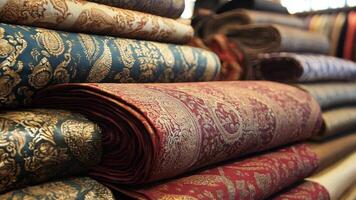 An array of vibrant fabric rolls featuring intricate patterns is neatly organized in a textile shop, illuminated by natural light. The rich colors highlight the craftsmanship. video
