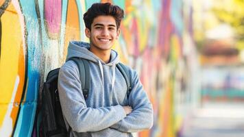 A young indian man with a friendly smile stands with arms crossed near vibrant graffiti art. He wears a grey hoodie and carries a backpack while enjoying a sunny day in the city. video