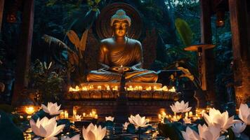 A golden Buddha statue sits peacefully among glowing candles and blooming lotus flowers in a lush jungle, creating a serene atmosphere during twilight hours. video