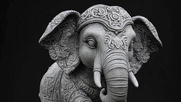 A stunning stone elephant sculpture with intricate carvings symbolizes strength and wisdom, displayed in an art gallery with a dark background that highlights its details. video