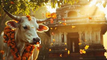 A peaceful cow with a vibrant floral garland is positioned near a historic temple. Sunlight filters through trees, creating a magical atmosphere with petals drifting around. video