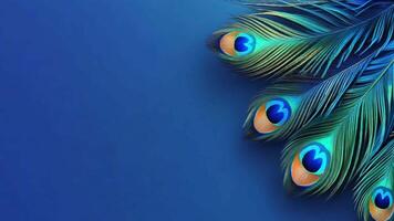 A stunning display of peacock feathers rests against a rich blue backdrop, highlighting the brilliant eye patterns and vivid colors of the feathers, creating a striking visual contrast. video