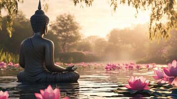 A tranquil Buddha statue sits peacefully by a lake, surrounded by vibrant lotus flowers. The sun rises, casting a warm glow over the serene landscape, creating a calming atmosphere. video