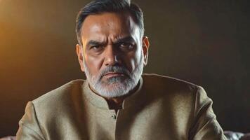 A mature indian man with a well-groomed beard and serious expression sits in traditional attire, gazing directly at the viewer in a softly illuminated room. video